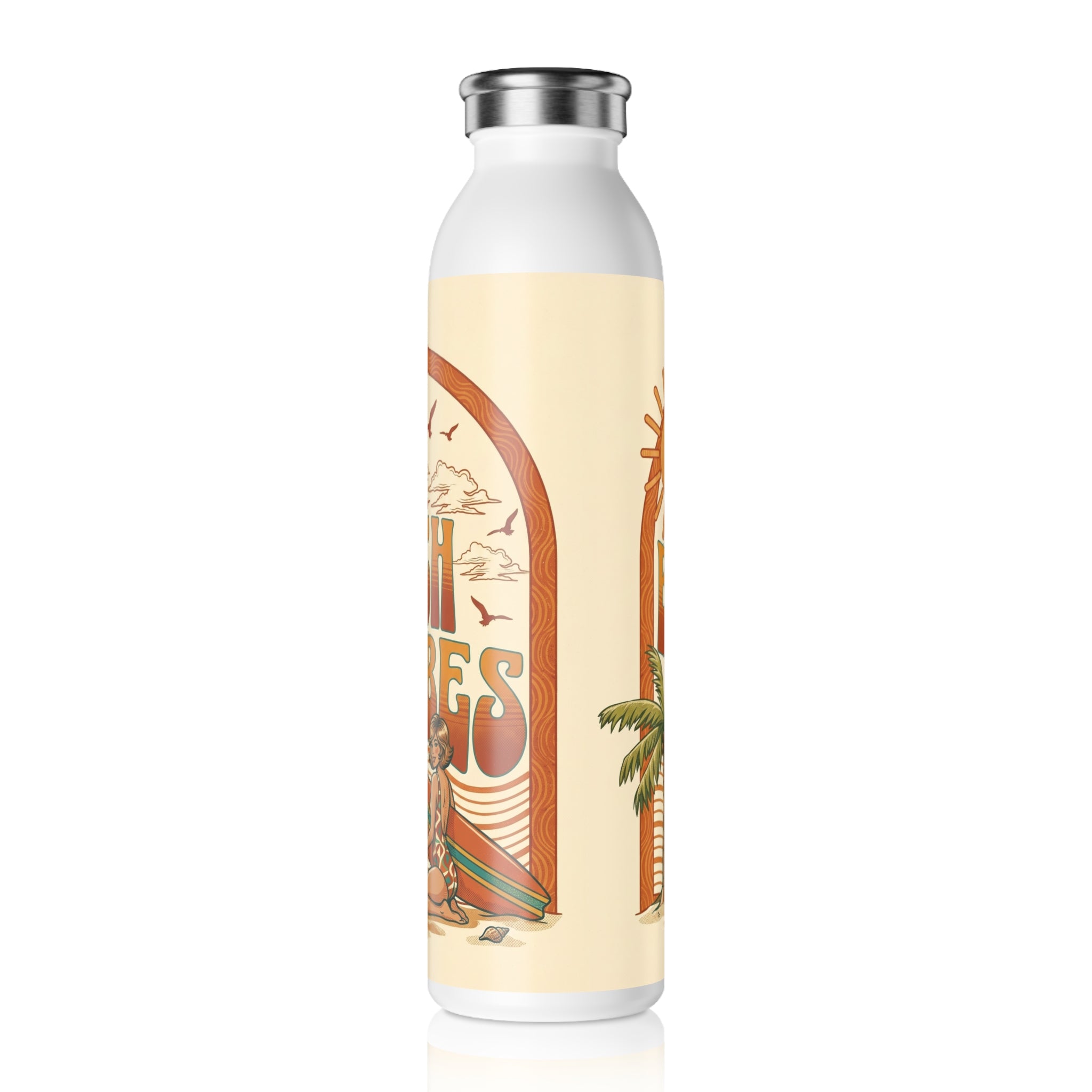 Slim Water Bottle – Retro "Beach Vibes" Surfing Sunset Stainless Bottle Printify