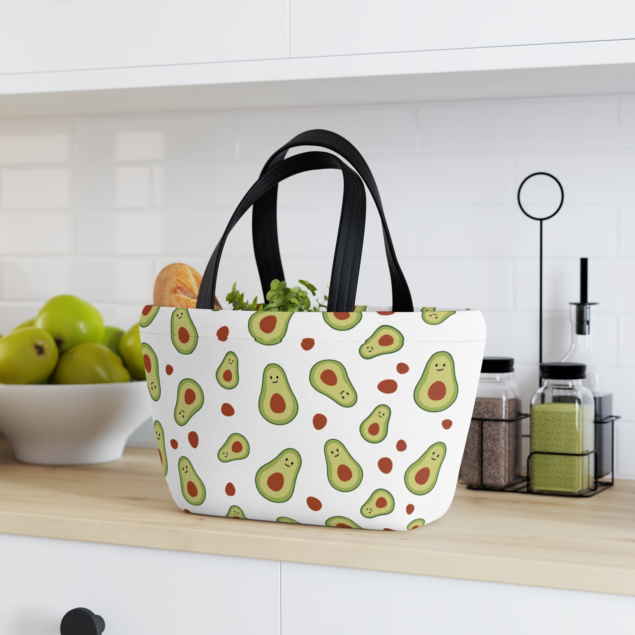 Cute Avocado Pattern Office Lunch Bag – Insulated Reusable Tote with Smiling Avocado Design Printify