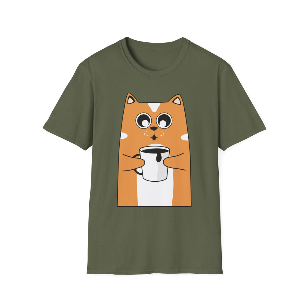 Cat Coffee T-Shirt — Cute Orange Cat Holding Mug Graphic Tee