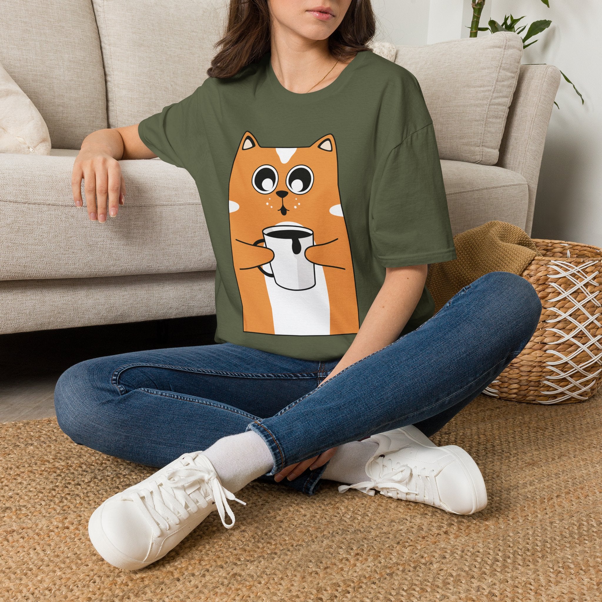 Cat Coffee T-Shirt — Cute Orange Cat Holding Mug Graphic Tee