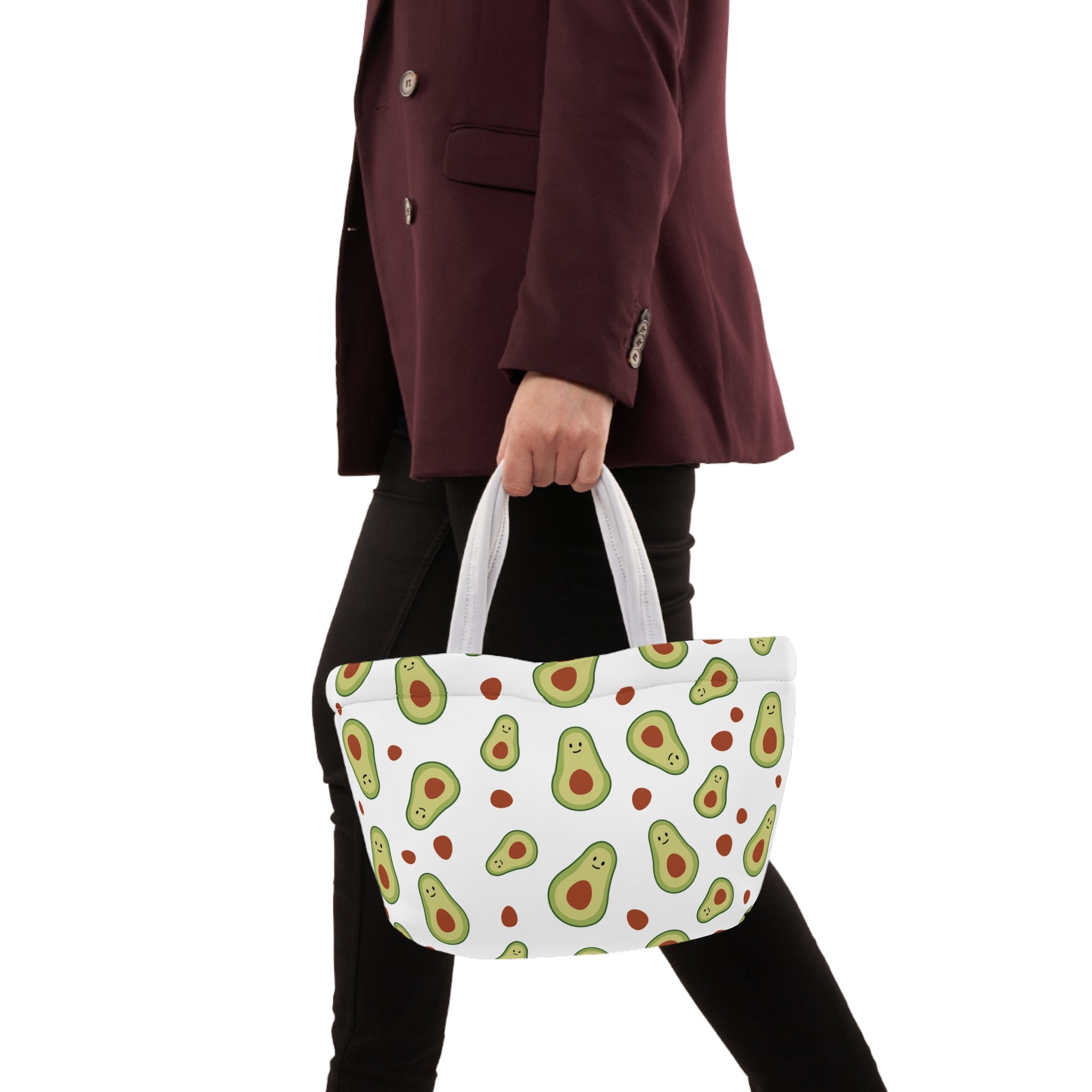 Cute Avocado Pattern Lunch Bag – Insulated Reusable Tote with Smiling Avocado Design