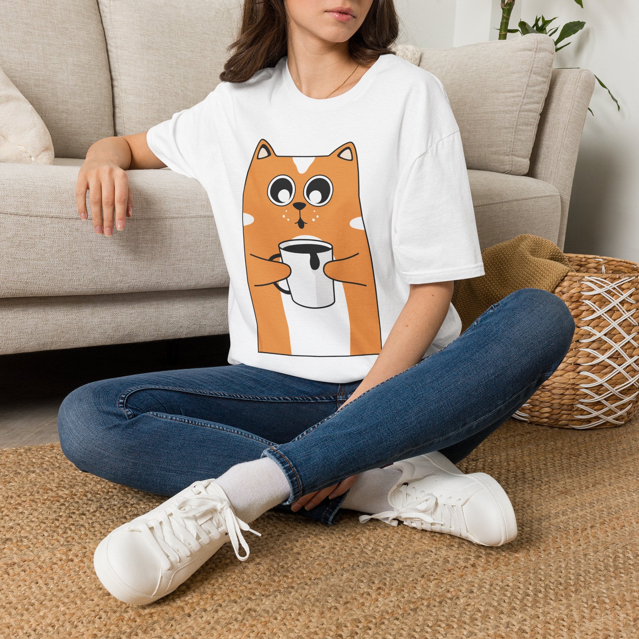 Orange cat shirtT-Shirt — Cute Orange Cat Holding Mug Graphic Tee Printify