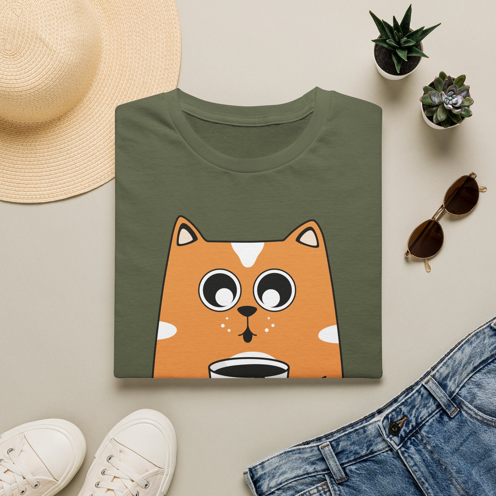 Orange cat shirtT-Shirt — Cute Orange Cat Holding Mug Graphic Tee Printify