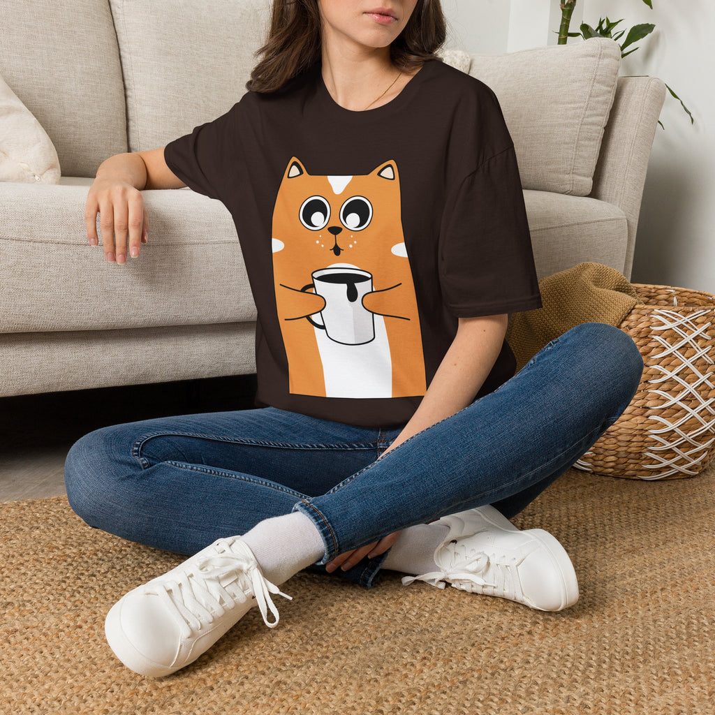 Cat Coffee T-Shirt — Cute Orange Cat Holding Mug Graphic Tee