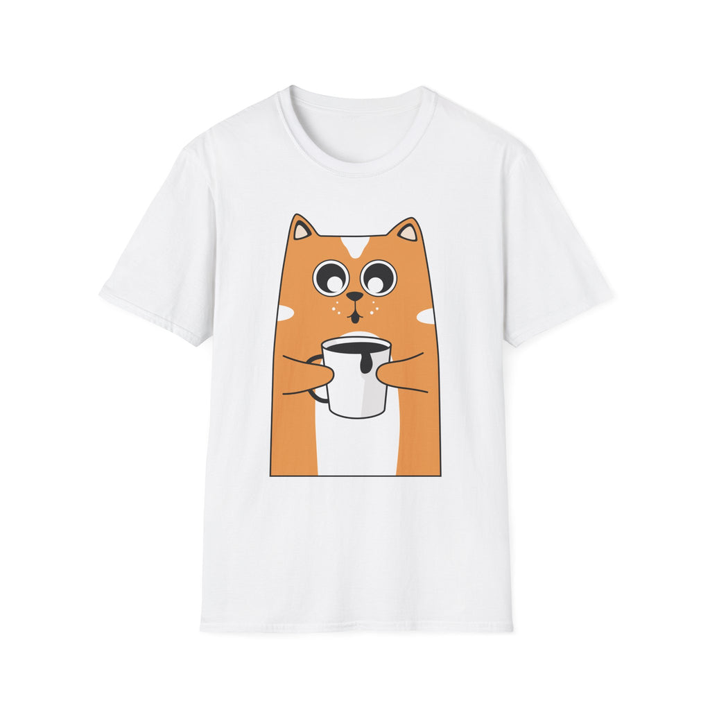 Cat Coffee T-Shirt — Cute Orange Cat Holding Mug Graphic Tee