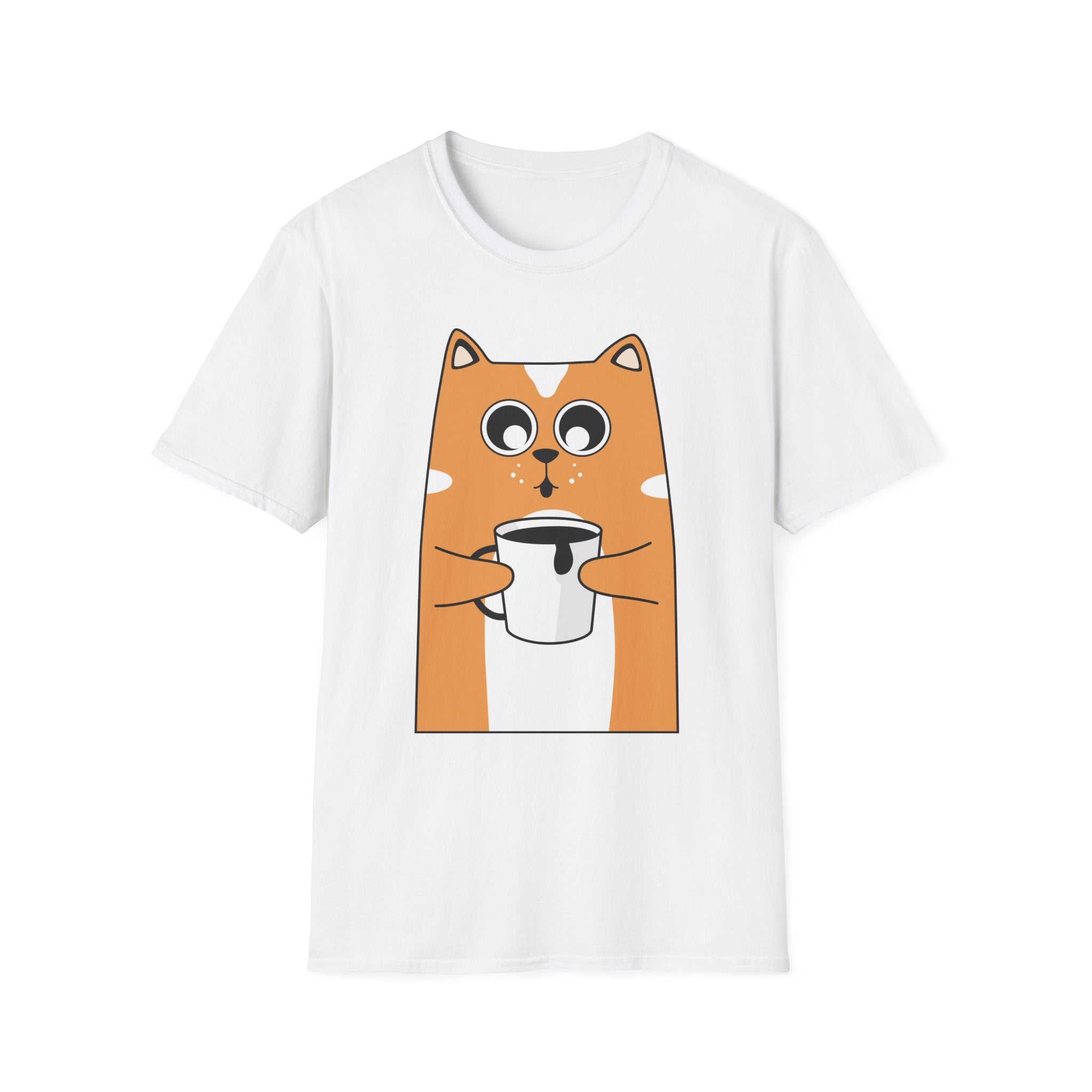 Cat Coffee T-Shirt — Cute Orange Cat Holding Mug Graphic Tee