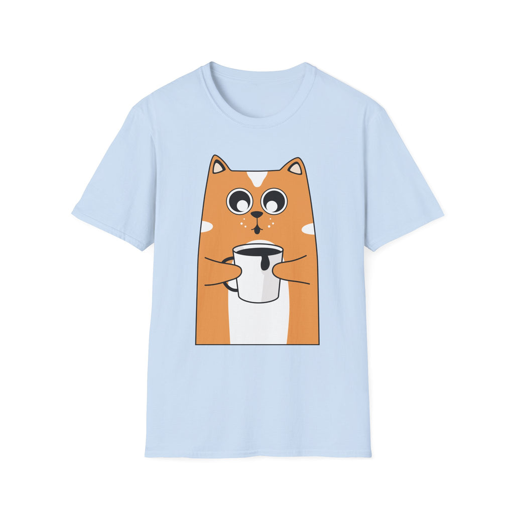 Cat Coffee T-Shirt — Cute Orange Cat Holding Mug Graphic Tee