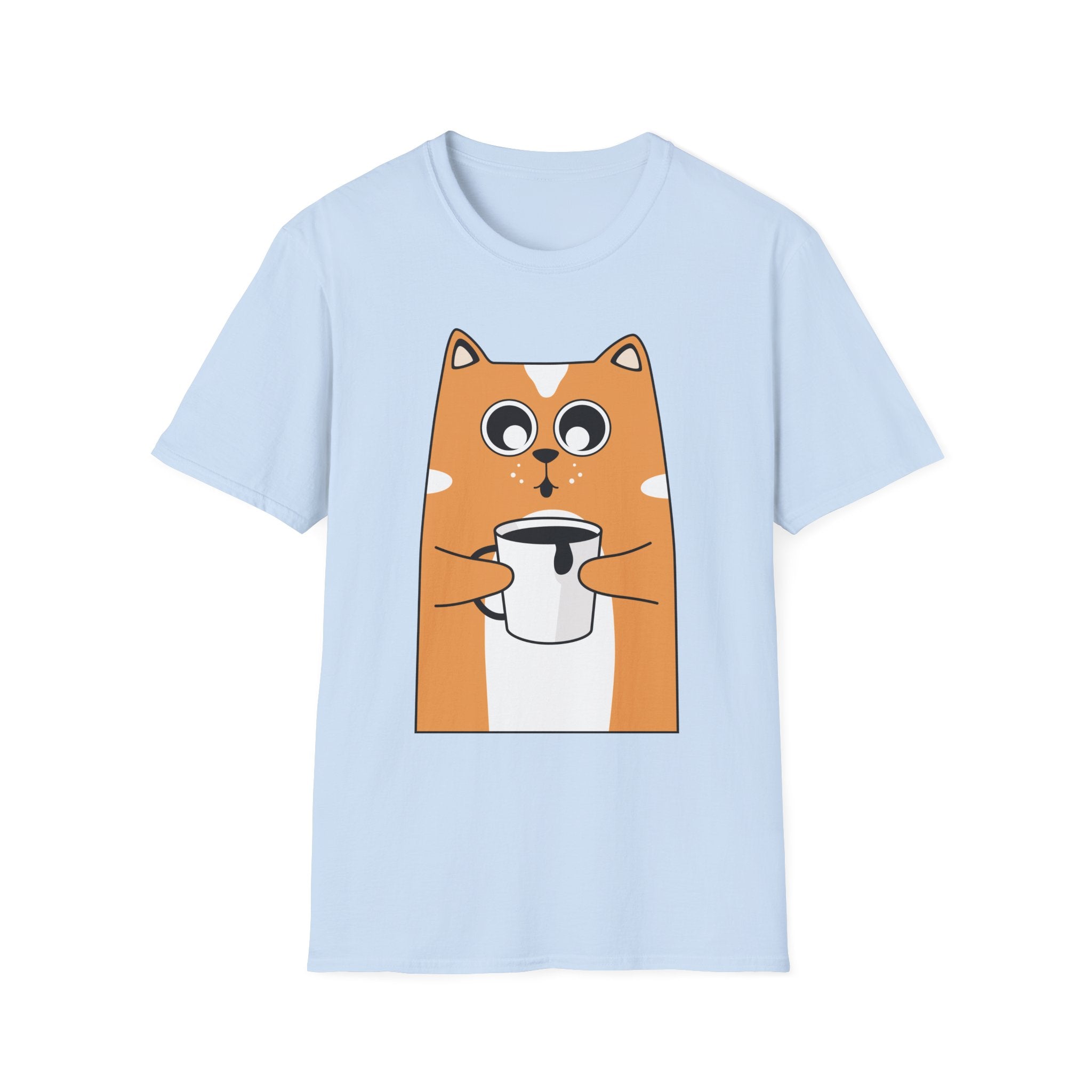 Cat Coffee T-Shirt — Cute Orange Cat Holding Mug Graphic Tee