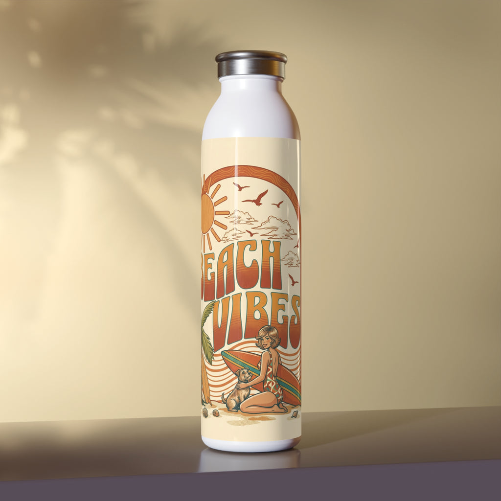 Slim Water Bottle – Retro "Beach Vibes" Surfing Sunset Stainless Bottle Printify