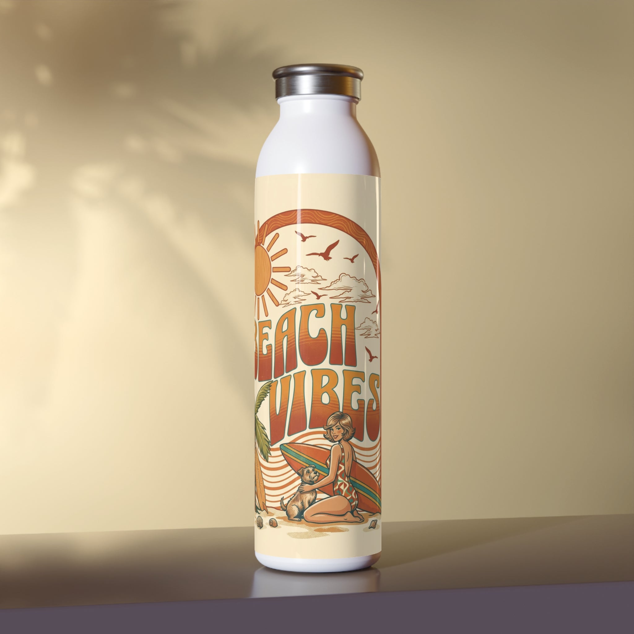 Slim Water Bottle – Retro "Beach Vibes" Surfing Sunset Stainless Bottle Printify