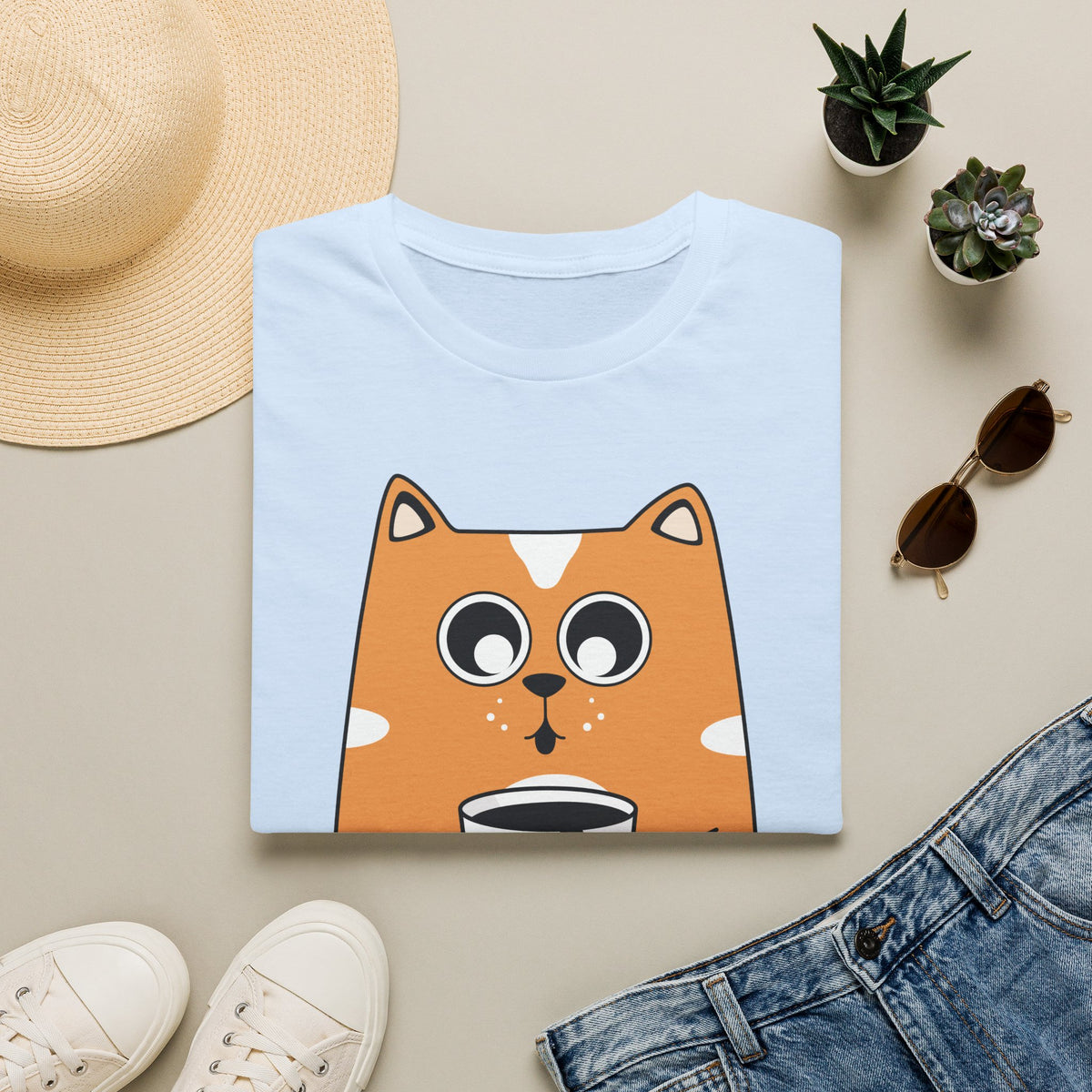 Orange cat shirtT-Shirt — Cute Orange Cat Holding Mug Graphic Tee Printify