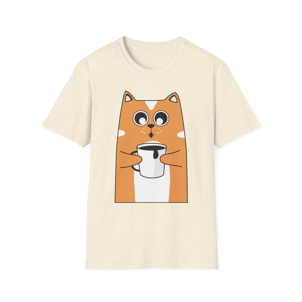 Cat Coffee T-Shirt — Cute Orange Cat Holding Mug Graphic Tee
