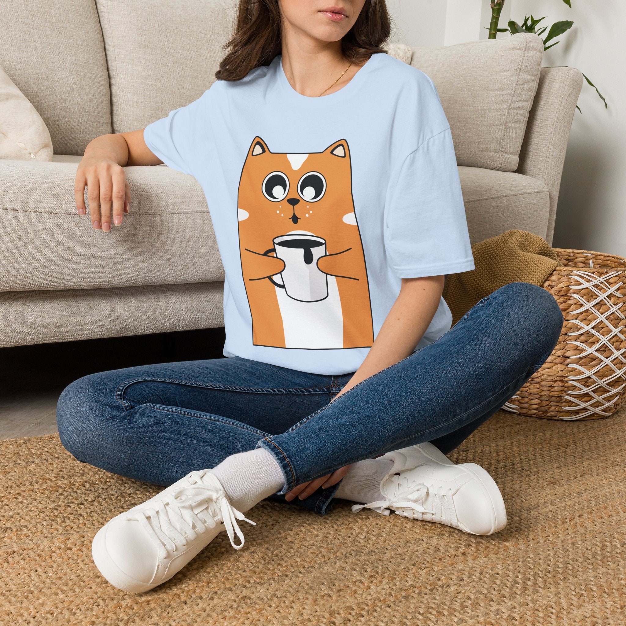 Cat Coffee T-Shirt — Cute Orange Cat Holding Mug Graphic Tee