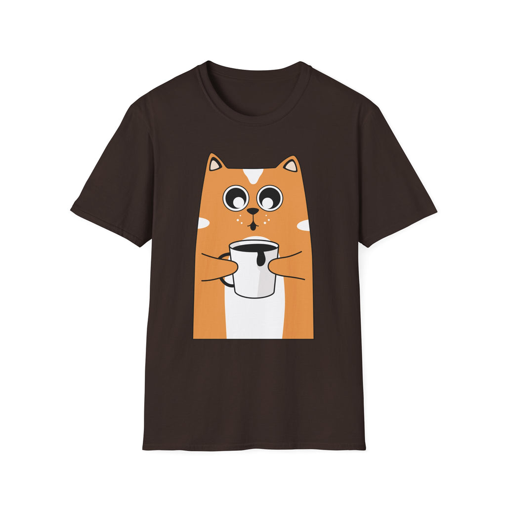 Cat Coffee T-Shirt — Cute Orange Cat Holding Mug Graphic Tee