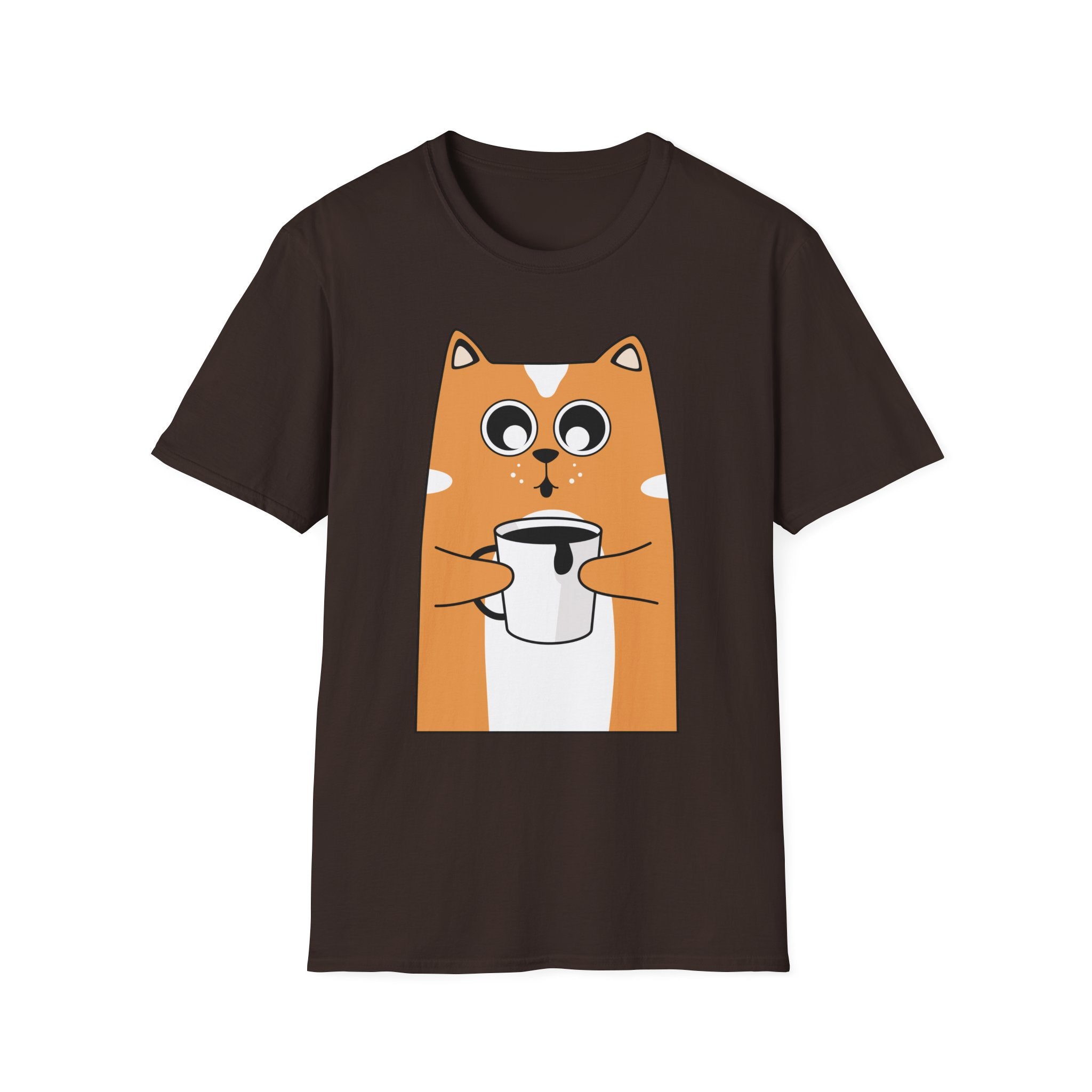 Cat Coffee T-Shirt — Cute Orange Cat Holding Mug Graphic Tee