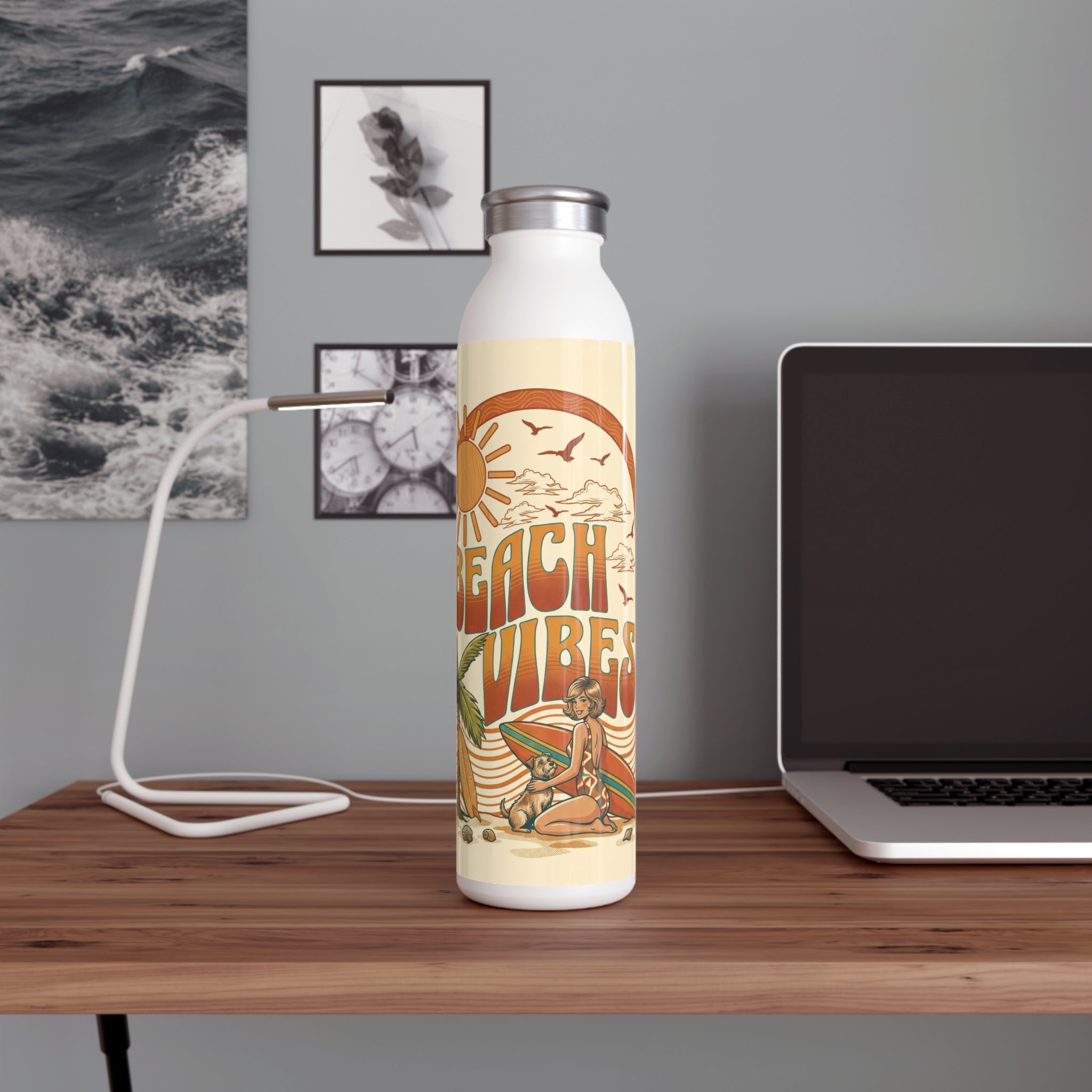 Slim Water Bottle – Retro "Beach Vibes" Surfing Sunset Stainless Bottle Printify