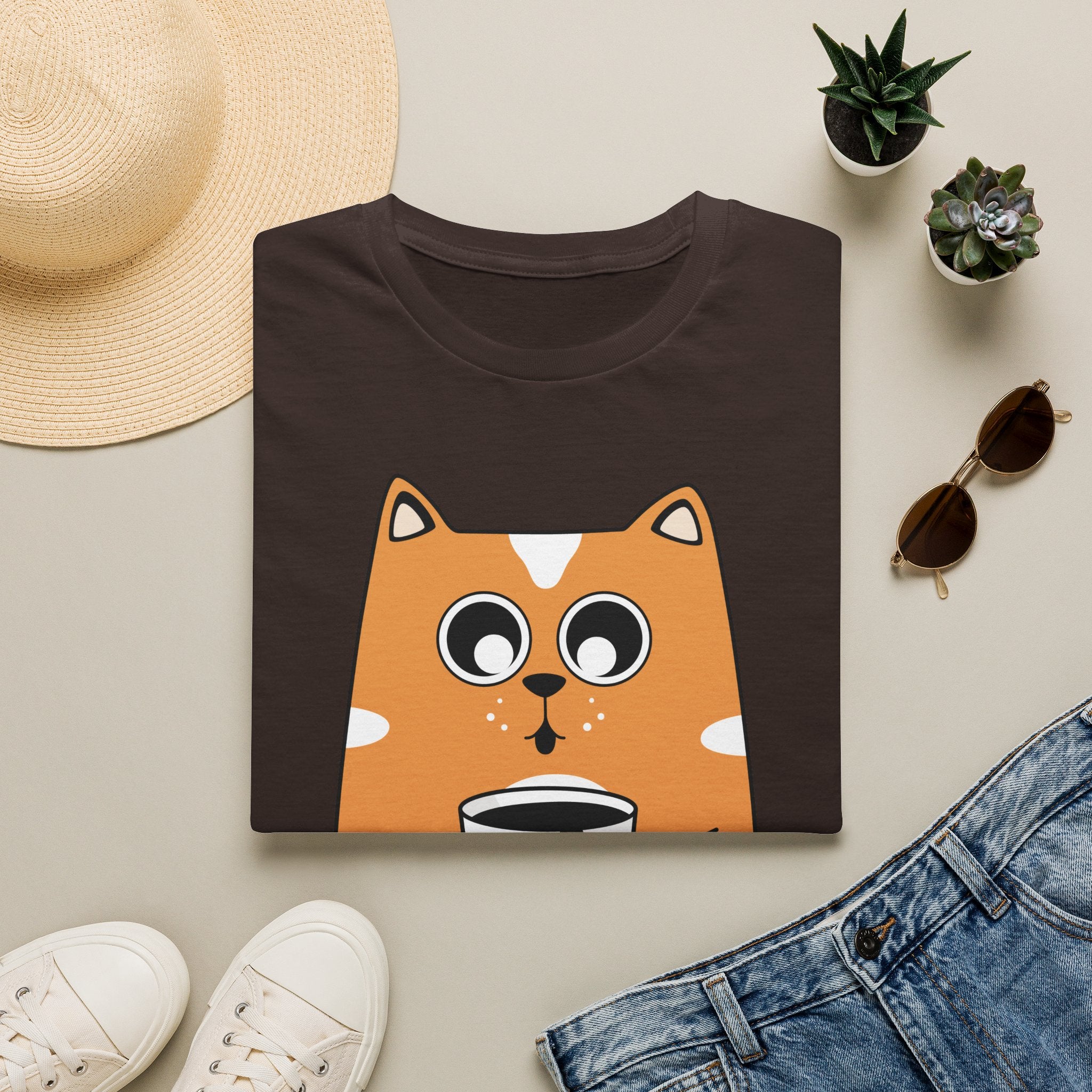 Cat Coffee T-Shirt — Cute Orange Cat Holding Mug Graphic Tee