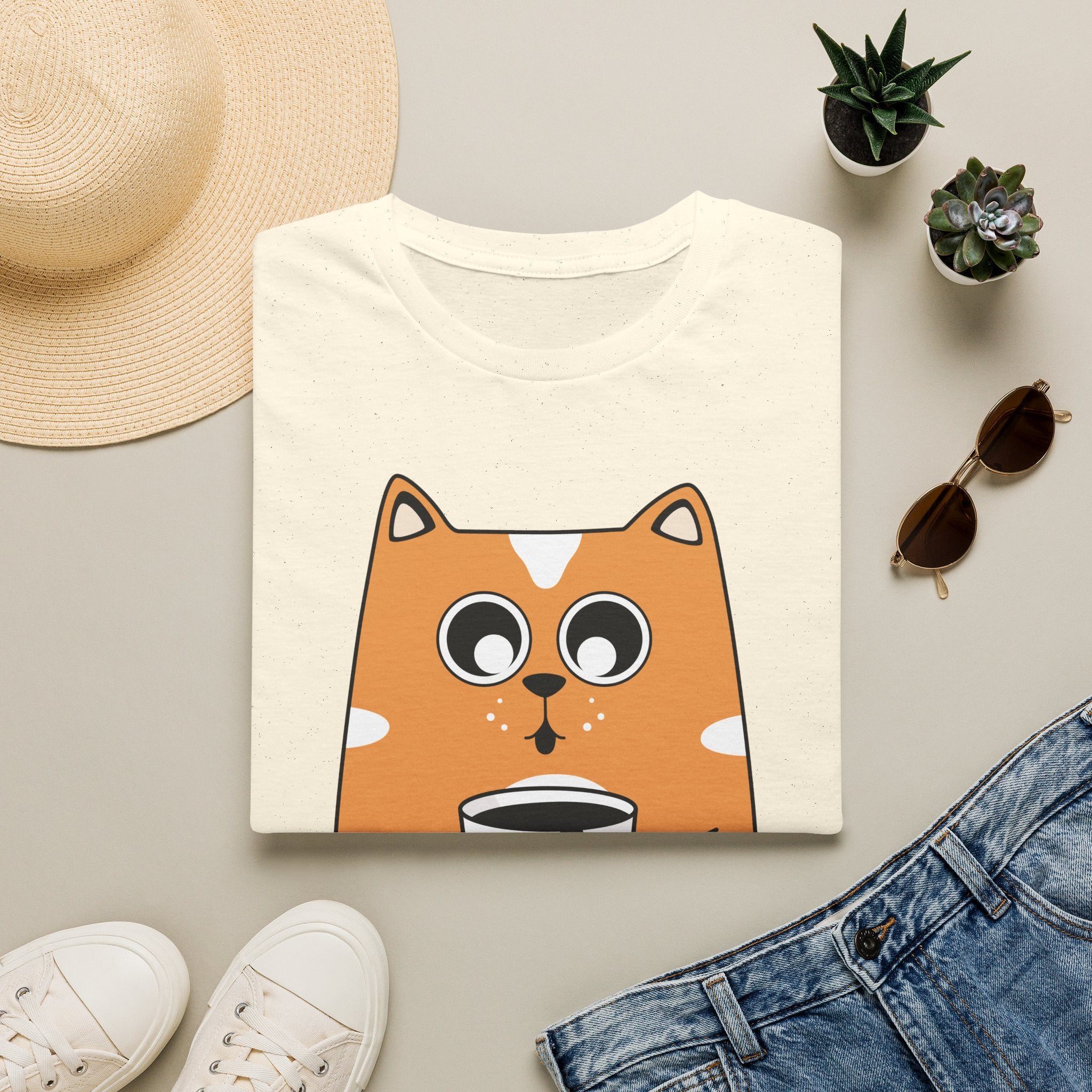 Orange cat shirtT-Shirt — Cute Orange Cat Holding Mug Graphic Tee Printify